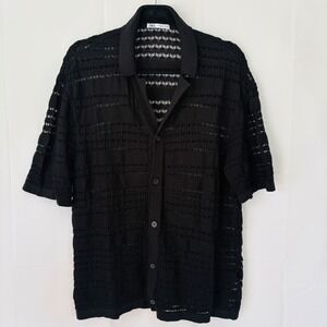 Zara Mens Black Open Knit Crochet Short Sleeve Button Up See Through Shirt M